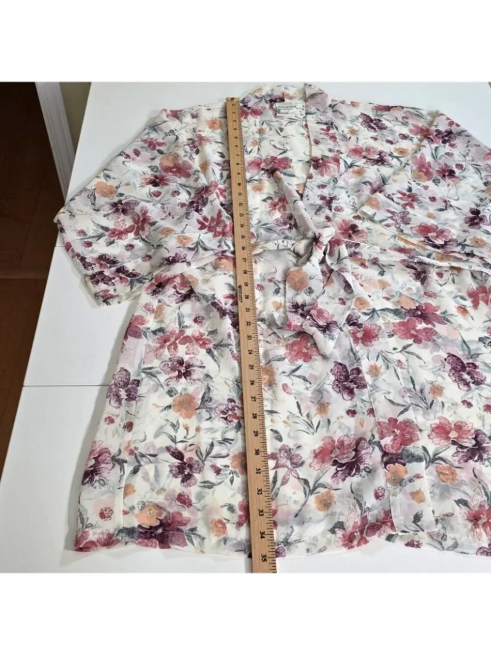 Vtg La Senza Short Kimono Robe S/M Sheer Chiffon Floral Watercolor Belt Coquette